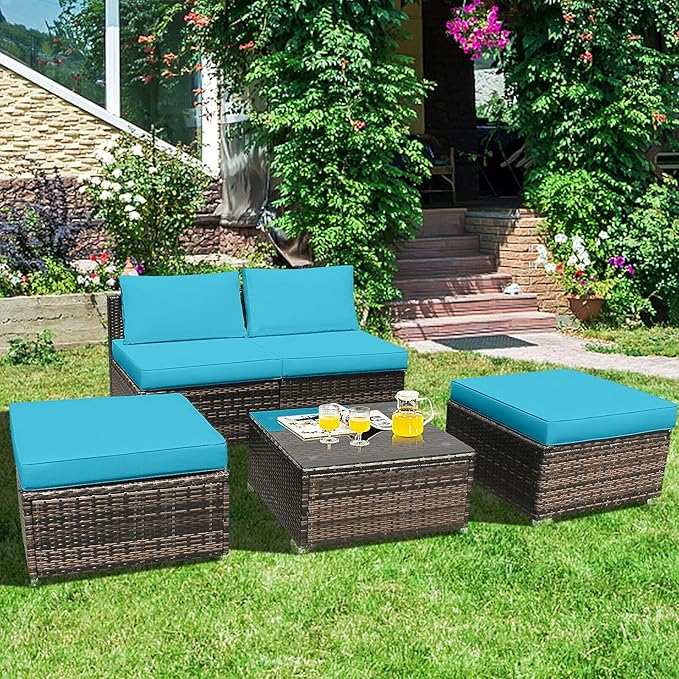 HAPPYGRILL 5-Pieces Patio Lounge Chair Outdoor Rattan Wicker Furniture Sofa Ottoman Set with Tempered Glass Table Top & Washable Zippered Cushions