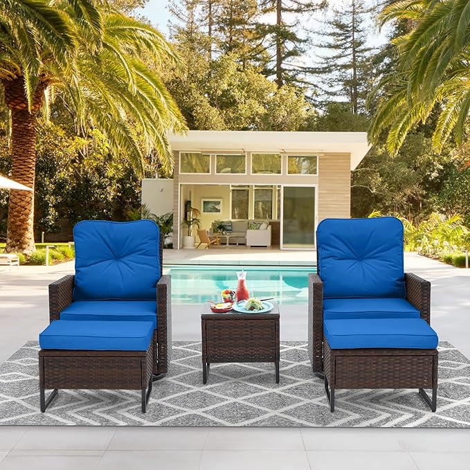 AVAWING 5 Piece Patio Furniture Set, Patio Swivel Glider Chairs with Ottoman & Glass Side Table, Wicker Conversation Set for Backyard, Garden and Poolside(Navy Blue)