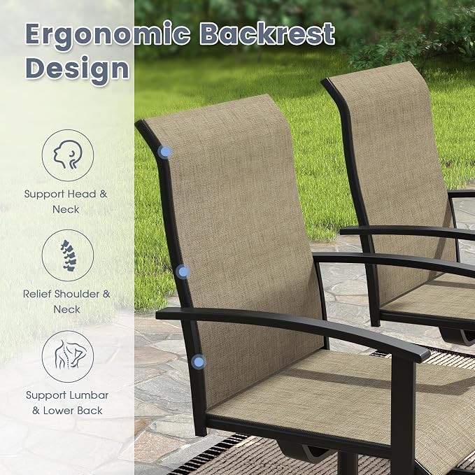 VICLLAX 7 Pieces Patio Outdoor Dining Set, 6 Swivel Textilene Chairs and 50" Round Metal Table with Umbrella Hole for Porch, Deck, Garden, Black/Brown