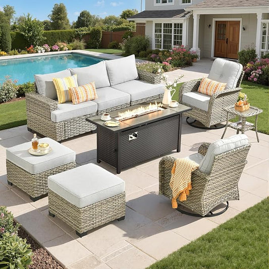 Rattan Patio Furniture Set with Fire Pit Table,9 Pieces Outdoor Sectional with Swivel Chairs Ottoman,Out Door Furniture Conversation Set,Light Grey