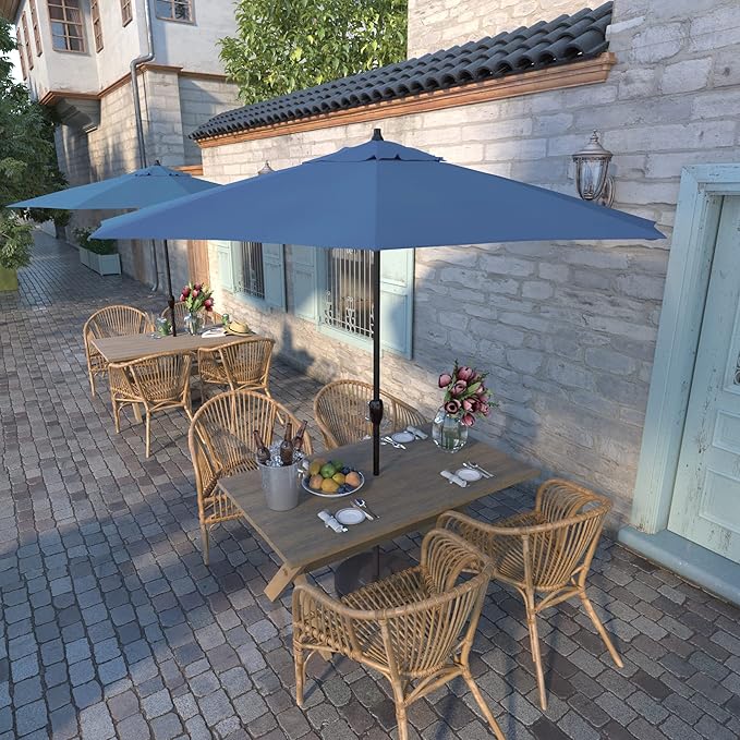 California Umbrella 9' Round Aluminum Outdoor Deck, Pool or Patio Umbrella, Crank Lift, Auto Tilt, Bronze Pole, Frost Blue Olefin