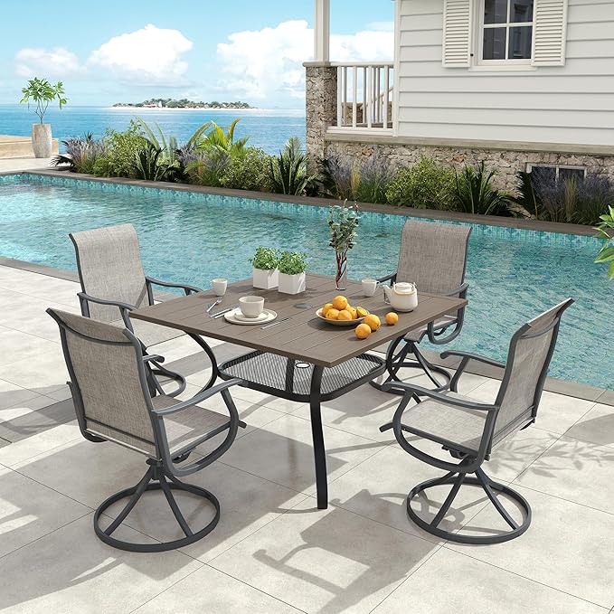 VICLLAX Patio 5 Pieces Outdoor Dining Set for 4, 38" Square Metal Dining Table with Umbrella Hole and 4 Swivel Textilene Chairs for Lawn,Garden,Porch,Grey