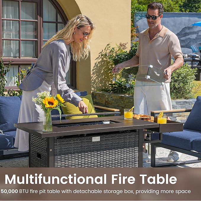 Sundale Outdoor Aluminum Patio Furniture Set, 7 Piece Outdoor Conversation Sets with Fire Pit, Ottoman and Washable Thick Cushions, All Weather Outdoor Sectional Set for Deck, Lawn (Navy Blue)