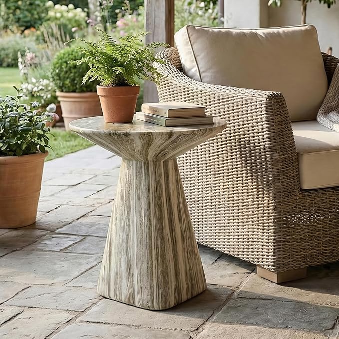 24/7 Shop at Home Ranera Modern 18-inch Natural Stone Side Table with Angular Pedestal Base, Marble Nightstand, Geometric Patio End Table, for Living Room, Covered Outdoor Spaces, Gray Travertine