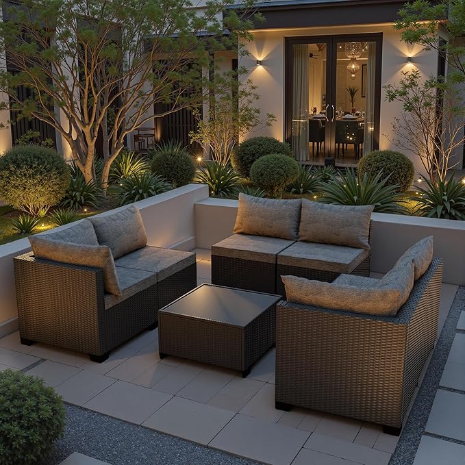 7 Piece Patio Furniture Set, All-Weather Water-Resistant Wicker Rattan Sectional Sofa, Modular Outdoor Conversation Set for Backyard, Garden, Poolside, Balcony