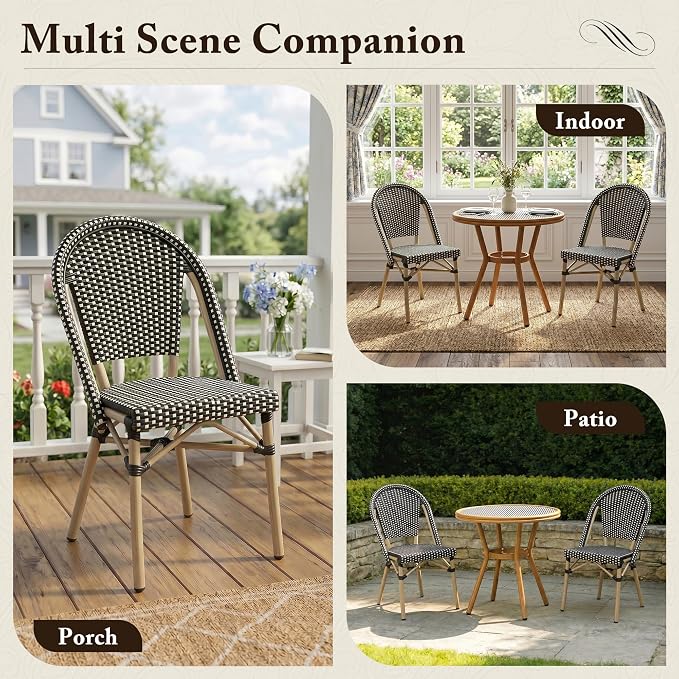 PURPLE LEAF 3-Piece French Bistro Dining Set Round Outdoor Patio Table and 2 Armless Chairs Tempered Glass Top PE Rattan Champagne Print Finish Aluminum Frame Black
