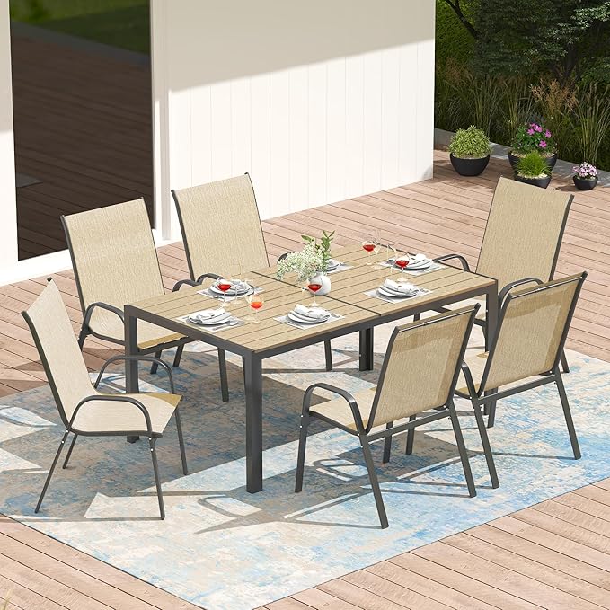 PIZZELLO 7-Piece Outdoor Dining Set Patio Dining Set for 6 Outdoor Table and Chairs All Weather Outdoor Patio Set w/Stackable Patio Chairs and HDPE Table for Backyard, Garden and Poolside, Khaki