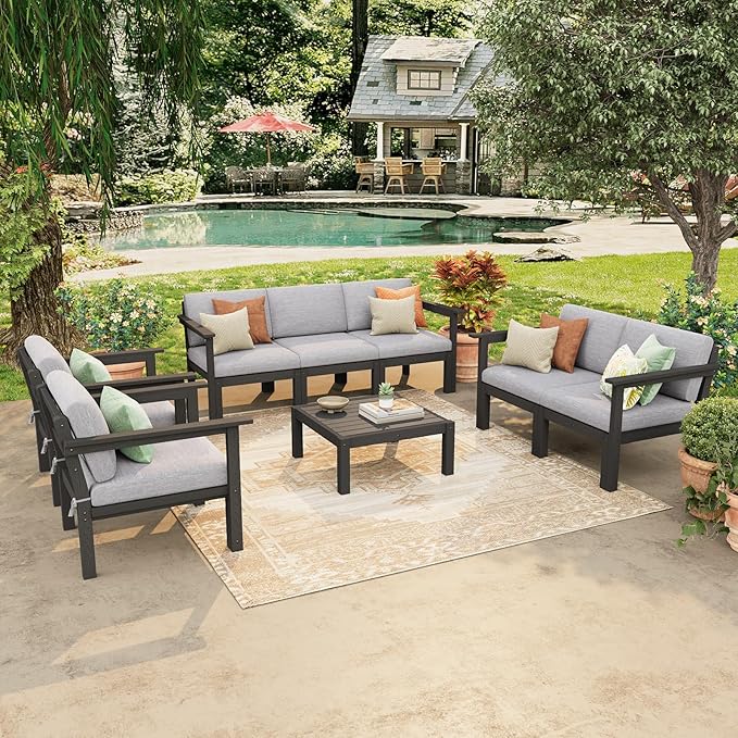 Stoog 6-Piece Patio Sectional Sofa Set, Modular Outdoor Furniture Set - All-Weather Waterproof HIPS Frame & Quick-Dry Olefin Cushions, Black