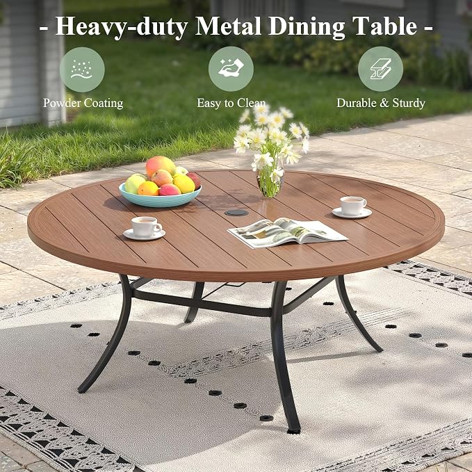Outdoor Dining Set for 8, 60" Metal Round Outdoor Dining Table with Umbrella Hole and Sling Patio Swivel Chairs, 9 Pieces Patio Table and Chairs Set for Garden Backyard, Mixed Brown and Walnut
