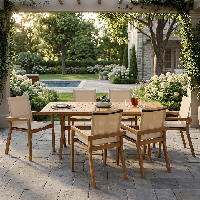 Christopher Knight Home Ronna 7 Piece Acacia Wood Outdoor Dining Table Set for 6, Extendable Dining Table and 6 Patio Chairs with Mesh Back & Seat, Wooden Outdoor Patio Furniture Set, Teak + Beige