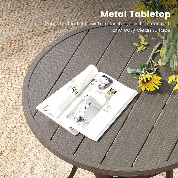 DIFY 3 Piece Outdoor Dining Set for 2, Patio Furniture Set with 27.6" Small Round Metal Dining Table and 2 Padded Textilene Swivel Patio Chairs, Grey Wood-Like Table & Sandshell Chairs