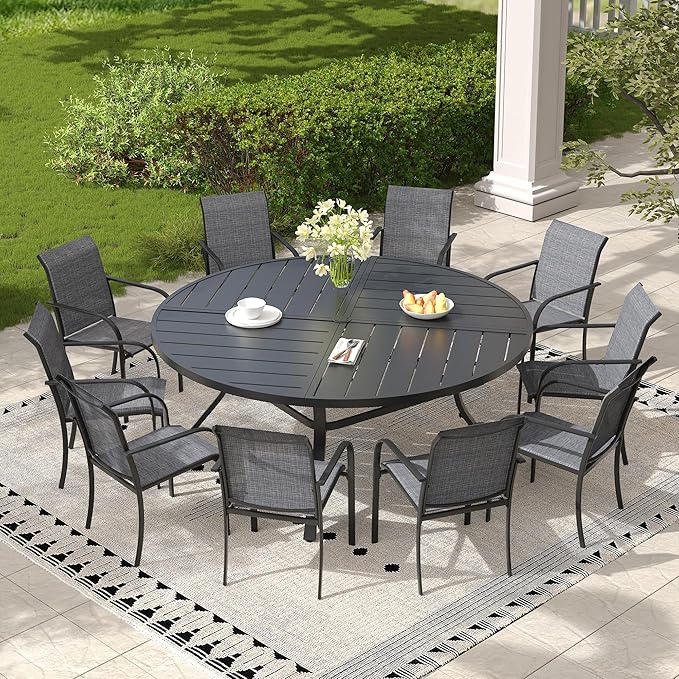 11 Pieces Outdoor Dining Set, Stackable Textilene Paito Chairs & 63.1" Round Dining Table with Umbrella Hole, Patio Dining Set for Backyard, Deck, Garden, Grey & Black