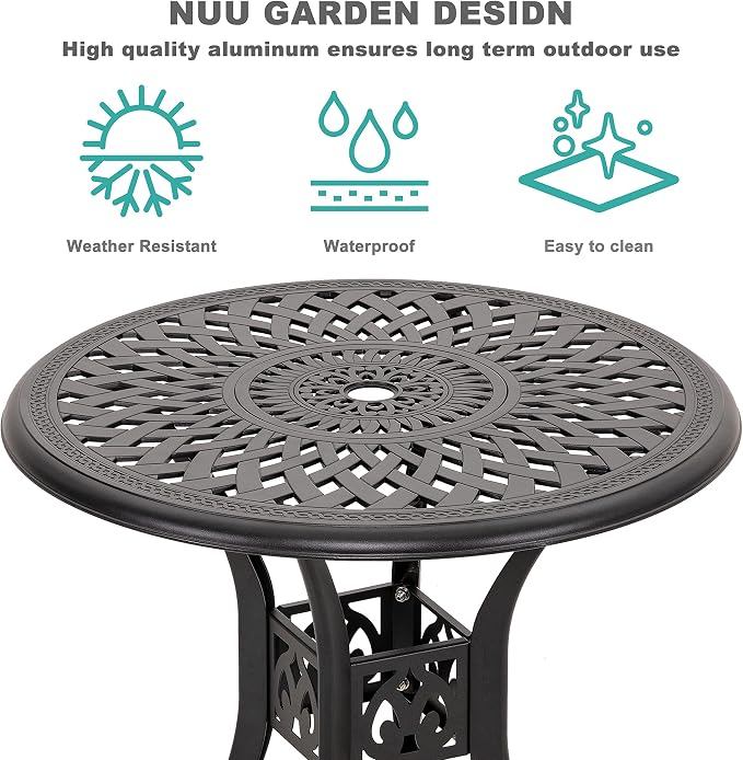 NUU GARDEN 30" Round Patio Bistro Table, Cast Aluminum Round Outdoor Bistro Table with Ice Bucket Function and Umbrella Hole for Poolside, Deck, Backyard, Balcony, Black with Gold Point