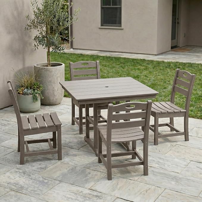 5-Pcs Outdoor Patio Dining Table Set of 5, Outdoor Patio Square 37.8'' Dining Table Set for Lawn Garden Backyard, HDPE Material & 1.7'' Umbrella Hole (Armless Chair, Antique Brown)