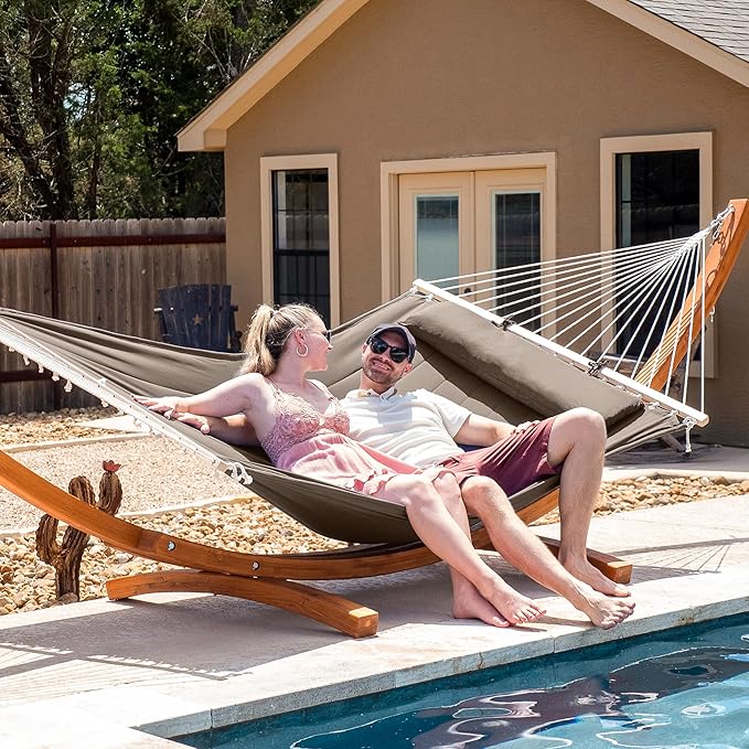SUNCREAT 2 Person Hammocks for Outside with Stand, Extra Large Double Hammock with Wooden Stand, Brown