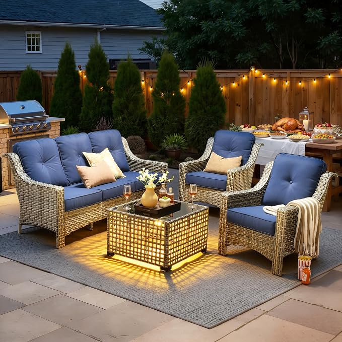 4 PCS Patio Conversation Set, All-Weather High Back Wicker Outdoor Patio Furniture Sets with Two Single Chairs, Solar Light Coffee Table,Outside Furniture for Porch Backyard Balcony,Navy Blue