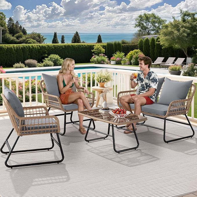YITAHOME 4-Piece Patio Furniture Set, Wicker Outdoor Furniture Set with Cushions, Outdoor Table and Chairs for Balcony, Backyard, Deck, All-Weather Rattan Conversation Set, Light Gray