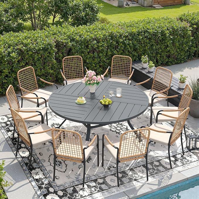 DIFY 11 Pieces Outdoor Dining Set, Metal Patio Table and Chairs Set for 10, 59.8" Round Dining Table with Umbrella Hole & Wicker Stackable Patio Chairs with Cushions, Grey Tabletop