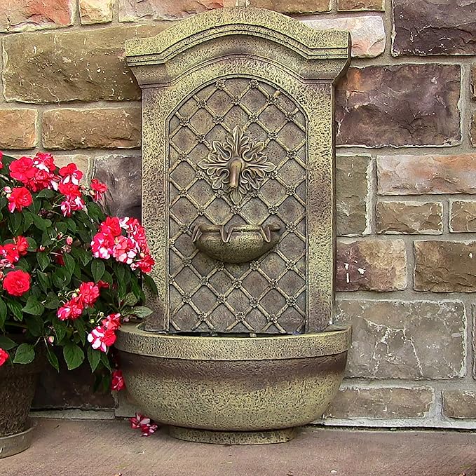 Sunnydaze Rosette 31" Outdoor Wall Water Fountain with Pump and Panel - Florentine Stone - Solar/Battery-Powered