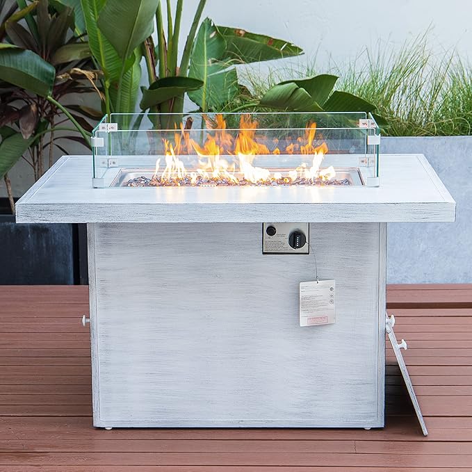 LeisureMod 7-Piece Outdoor Patio Conversation Set in Weathered Grey Aluminum with 44" Propane Fire Pit Table & Cushions, Orange