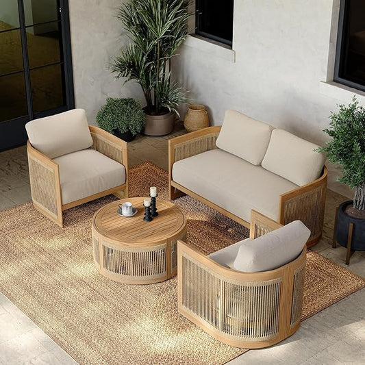 homary 4 Piece Outdoor Combo Sofa Set, All Weather Patio Furniture Set with Cushions and Coffee Table for Garden, Deck and Backyard