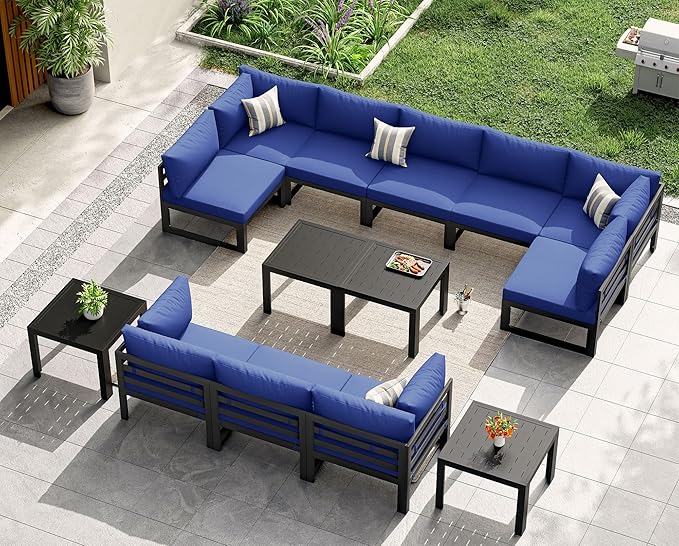 NICESOUL Extra Large Aluminum Patio Furniture Set with End Table, All-Weather 29" Wide Deep Seats Outdoor Sofa Conversation Set, Contemporary Sectional Couch for 10 Seats, for Garden, Navy Blue