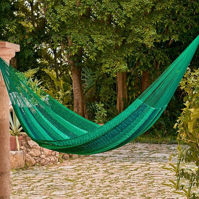 NOVICA Multicolor Green Striped Hand Woven Nylon Mayan 1 Person Rope Hammock, 'Caribbean Dream' (Single)