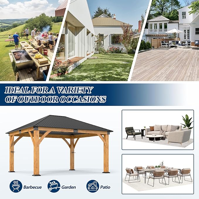 COVERONICS 13FT x 15FT Outdoor Spruce Wood Gazebo - Patio Wooden Frame Gazebo with Galvanized Steel Roof, Heavy-Duty Hardtop Gazebos for Garden, Poolside, Deck, Backyard