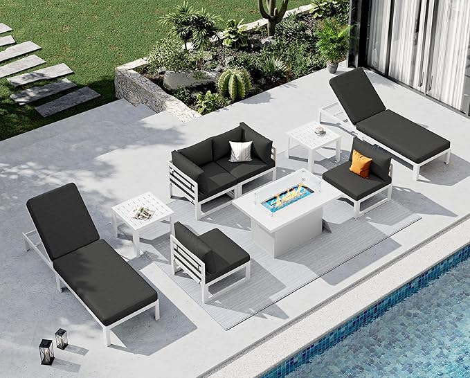 NICESOUL 6 People Large Luxury Aluminum Patio Conversation Set with Lounge Chair & Firepit Table, 29" Deep Wide Modular Sectional Couch, 500 lbs Sturdy All Weather Outdoor Sofa for Poolside, Dark Gray