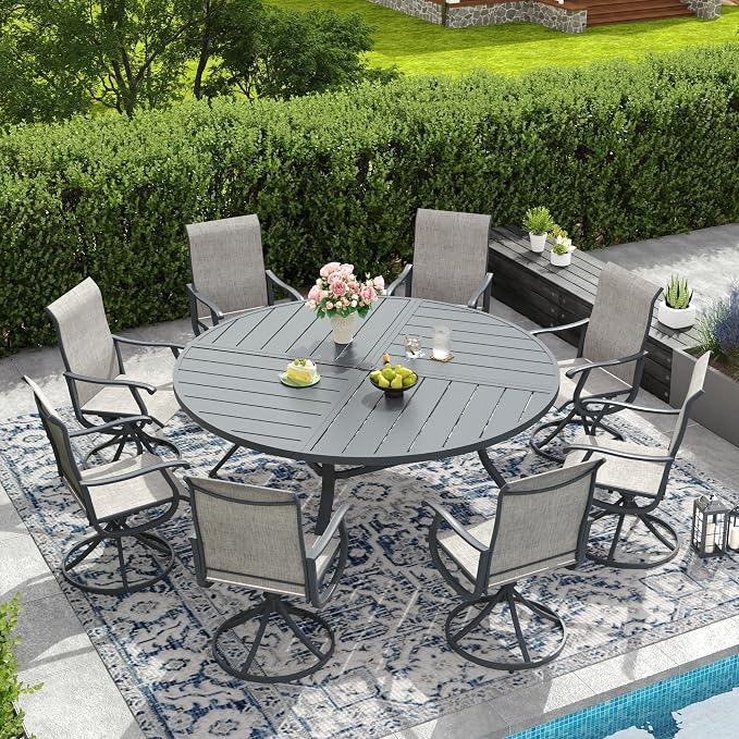 DIFY Patio Table and Chairs Set for 8, 9 Piece Outdoor Dining Set Includes 63" Round Metal Dining Table with Umbrella Hole and 8 Textilene Swivel Patio Chairs, for Garden Backyard Deck, Grey
