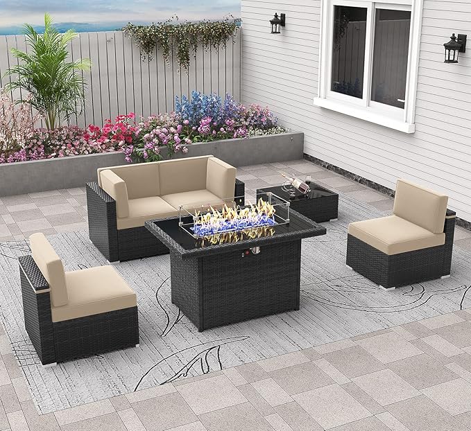 6 Pieces Patio Furniture Set with 44" Propane Gas Fire Pit Table, Outdoor Sectional Wicker Conversation Sofa Sets with Coffee Table