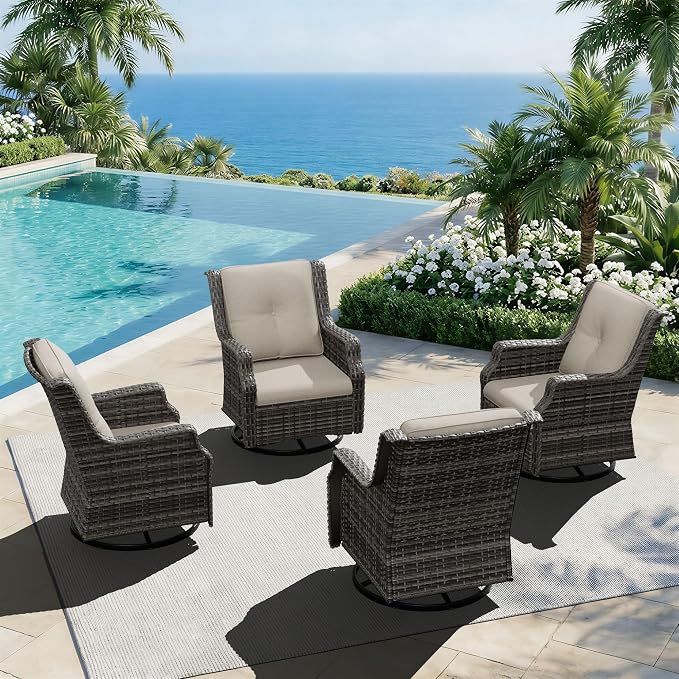 Outdoor Patio Furniture Set, 4 Piece Wicker Patio Furniture with Thick Cushions, Curved Armrest, Deep Seating, Outdoor Swivel Rocker Chairs for Porch, Deck, Balcony