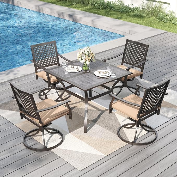 PHI VILLA 5 Pieces Outdoor Dining Set for 4, 37" Square Mesh-top Metal Table & Swivel Chairs with Cushions, Heavy-Duty Iron Furniture Set for Patio, Deck, Backyard, Porch