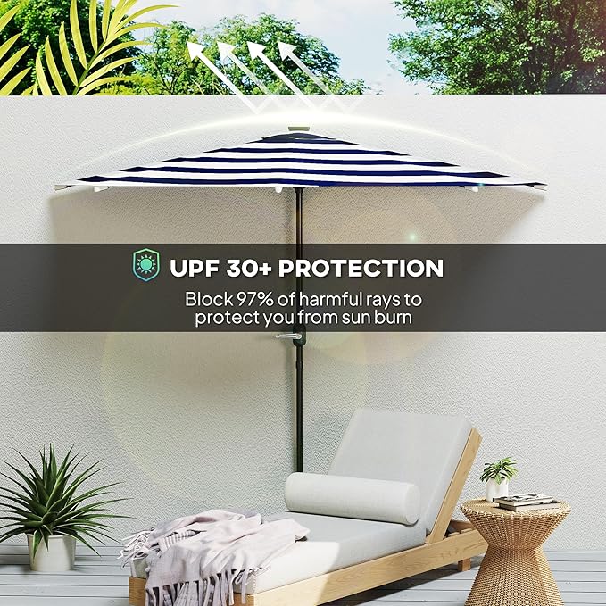 Outsunny Half Outdoor Patio Umbrella, UPF 30+ Small Vented Half Patio Umbrella with Crank 8 Ribs for Balcony Porch Garden Deck Poolside
