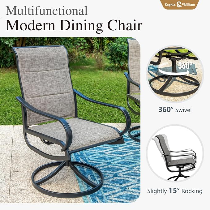 Sophia & William Patio Dining Set for 4, Round Table & Swivel Chairs, Brown | High-back & Padded, Umbrella Hole, Durable Material, Ergonomic design, Weather-resistant, Outdoor backyard deck, 5 Piece