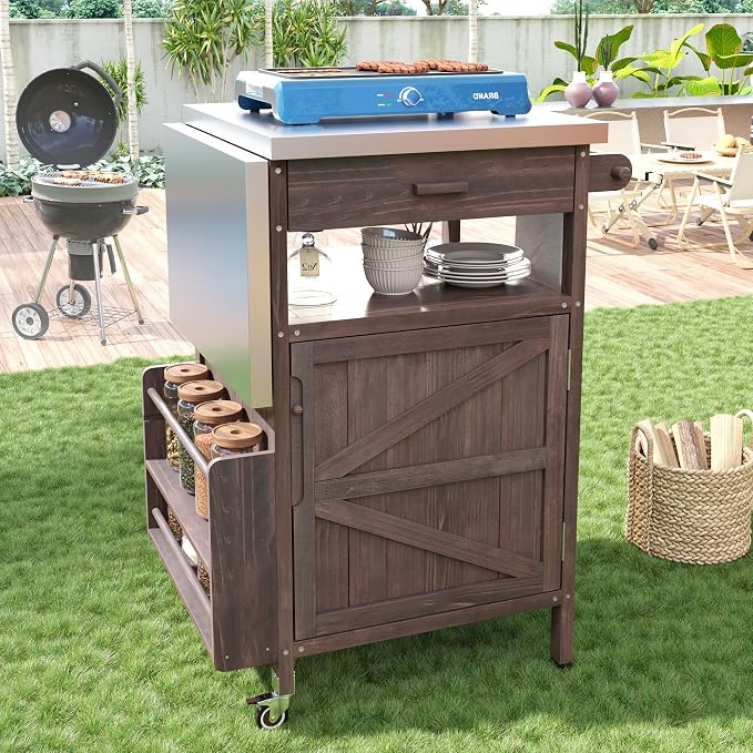 Outdoor Grill Cart with Stainless Steel Top, Solid Wood Outdoor Storage Cabinet with Drop Leaf, One Drawer, Towel Rack, Rolling Kitchen Cart with Lockable Wheels for Lawn Garden (Brown@072)