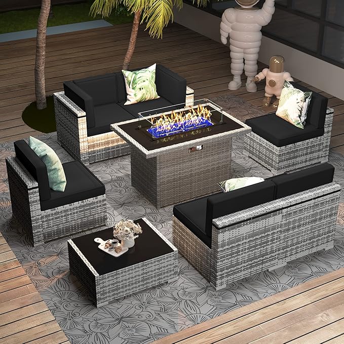 8 Pieces Patio Furniture Set with 44" Propane Gas Fire Pit Table, Outdoor Sectional Wicker Conversation Sofa Sets with Coffee Table