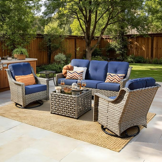 5 PCS Patio Conversation Set, All-Weather Rattan Wicker Outdoor Patio Furniture Sets with High Back Swivel Rocker Chair, Solar Light Coffee Table for Porch,Backyard,Balcony,Navy Blue