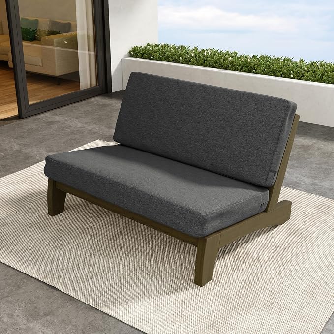 Outdoor Furniture Patio Couch, Weather Resistant Patio Loveseat Sofa Couch with Removable Cushion, Teak Wood Frame for Porch & Backyard Seating - Dark Gray
