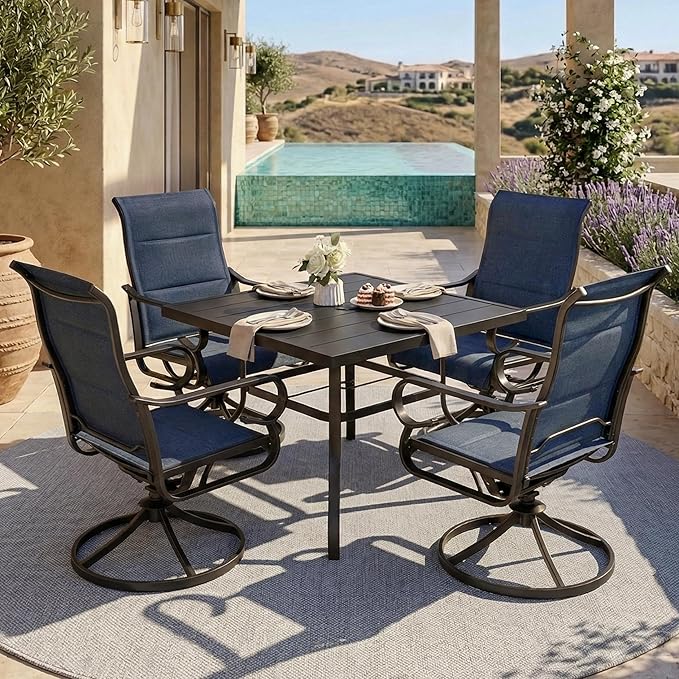 NUU GARDEN 5-Piece Breathable Textilene Outdoor Dining Set, Slatted Outdoor Table and Chairs with Swivel Base, All Weather Patio Furniture Set with Umbrella Hole for Backyard, Garden, Blue