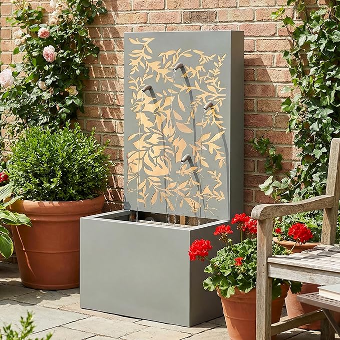 Merax 30.71" H Light Gray Metal Leaf Cutout Outdoor Water Wall Fountain with LED Lights, Modern Waterfall Feature for Patio Garden Backyard Decor