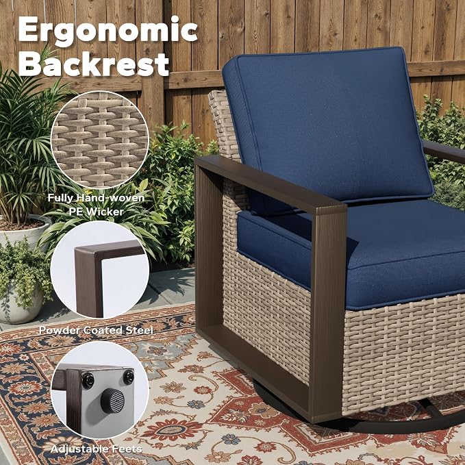 Outdoor Patio Swivel Rocker Chairs, 8 Pieces Wicker Furniture Set, 4 Swivel Rocking Chairs, 1 Sofa, 2 Ottoman and 1 Table, Wide Armrest, Thick Cushions and Deep Seating for Garden, Backyard, Porch