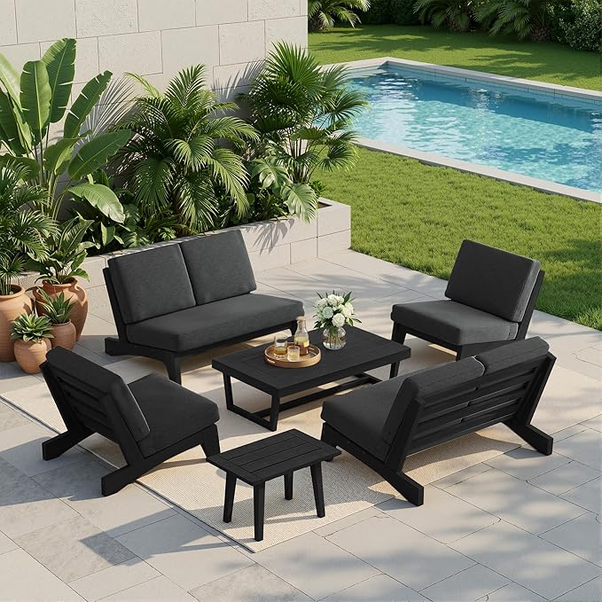 UIXE 8 Pieces All Weather Black Wood Patio Furniture Sets, 2 Patio Loveseat, 4 Patio Bistro Chair, Outdoor Sectional Sofa Furniture Backyard Conversation Set with Coffee Table - Dark Gray