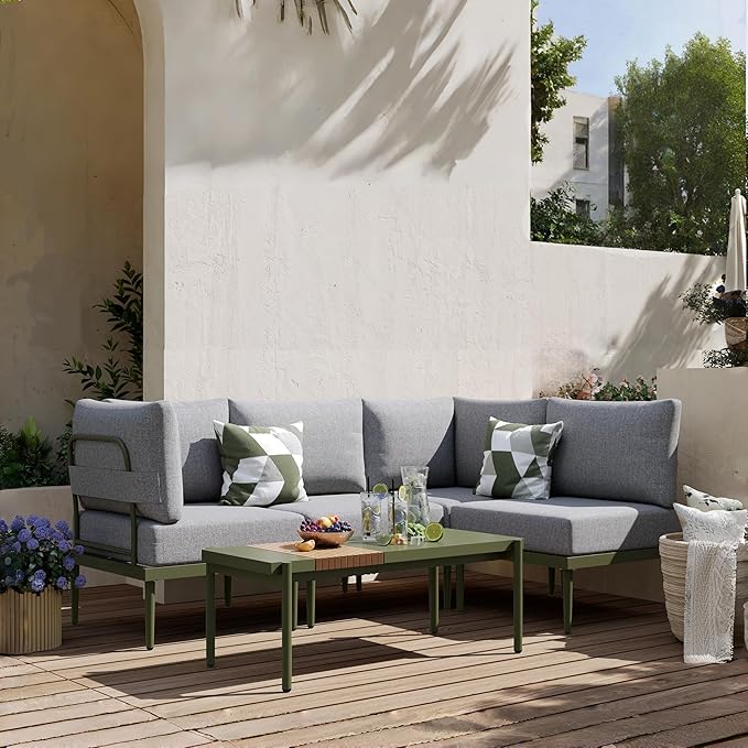 Metal Patio Furniture Set, 4 Pieces Outdoor Sectional Sofa Sets with 6" Thick Cushion, All Weather Modular Outdoor Corner Sofa Set for Balcony, Patio & Courtyard (Gray,Green)