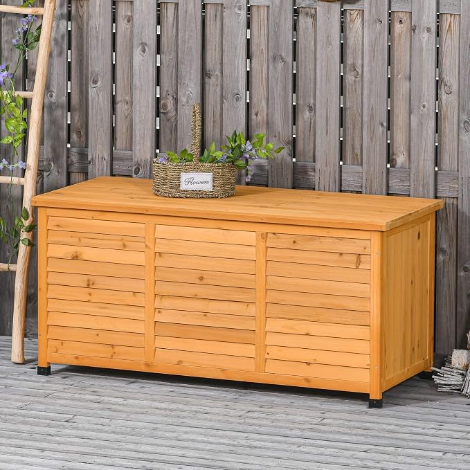 Wooden Deck Box, 75 Gallon Yellow Outdoor Storage Container with Aerating Gap, Weather-Resistant Finish for Patio Cushions Garden Tools Backyard Organizer