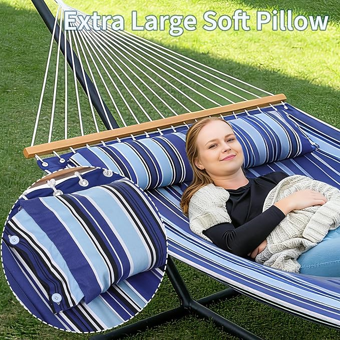 Large Double Portable Hammock with Stand, 2 Person Hammock with Hardwood Spreader Bar & Extra Large Pillow, Blue Stripes