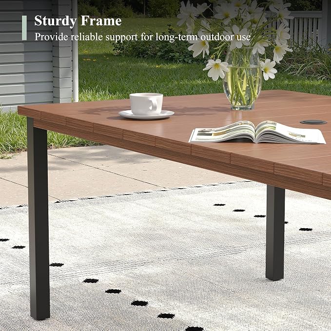 Outdoor Dining Set for 6, 63" Metal Rectangular Outdoor Dining Table with Umbrella Hole and Wicker Stackable Patio Chairs, 7 Pieces Patio Table and Chairs Set for Garden Backyard, Walnut