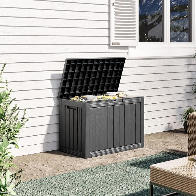 KAMABOKO 55 Gallon Outdoor Storage Box, All-Weather Resin Deck Box Outdoor Waterproof with Lockable Lid for Patio Cushions, Package Deliveries, Garden Tools, Pool Supplies, Black