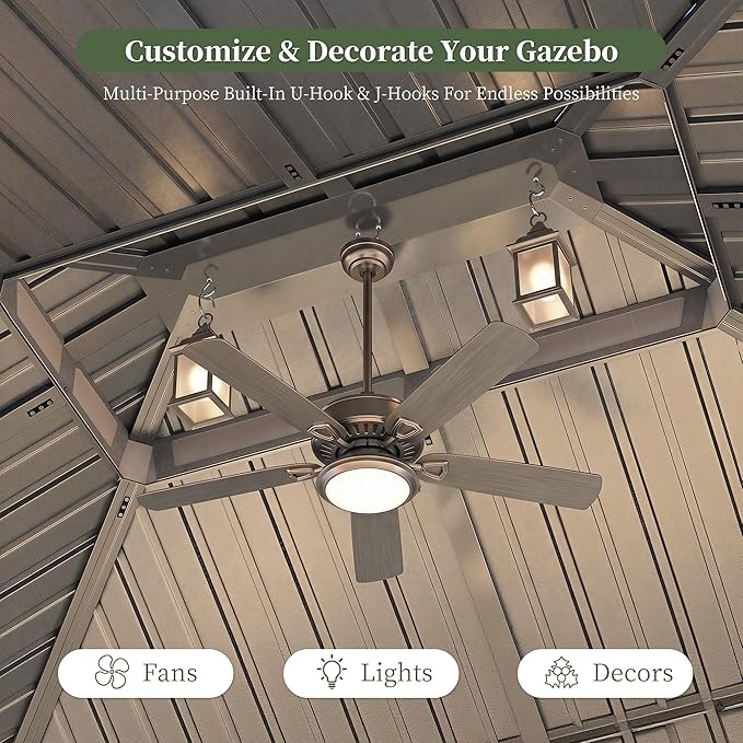 Aoxun 12'x12' Hardtop Gazebo with 4 LED Lights, Outdoor Gazebo with Galvanized Steel Double Roof, Patio Gazebo with Breathable Netting & Privacy Curtain, Decor Hooks for Backyard, Gray