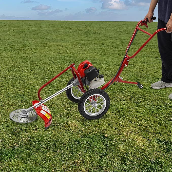 2 Stroke Hand Push Lawn Mower, 49CC Gas Powered Walk Behind Weed Wacker, 6500-7000R/Min Walk Behind String Trimmer with 0.95L Fuel Tank, Gas Weed Eater for Mountains, Hills, Plains